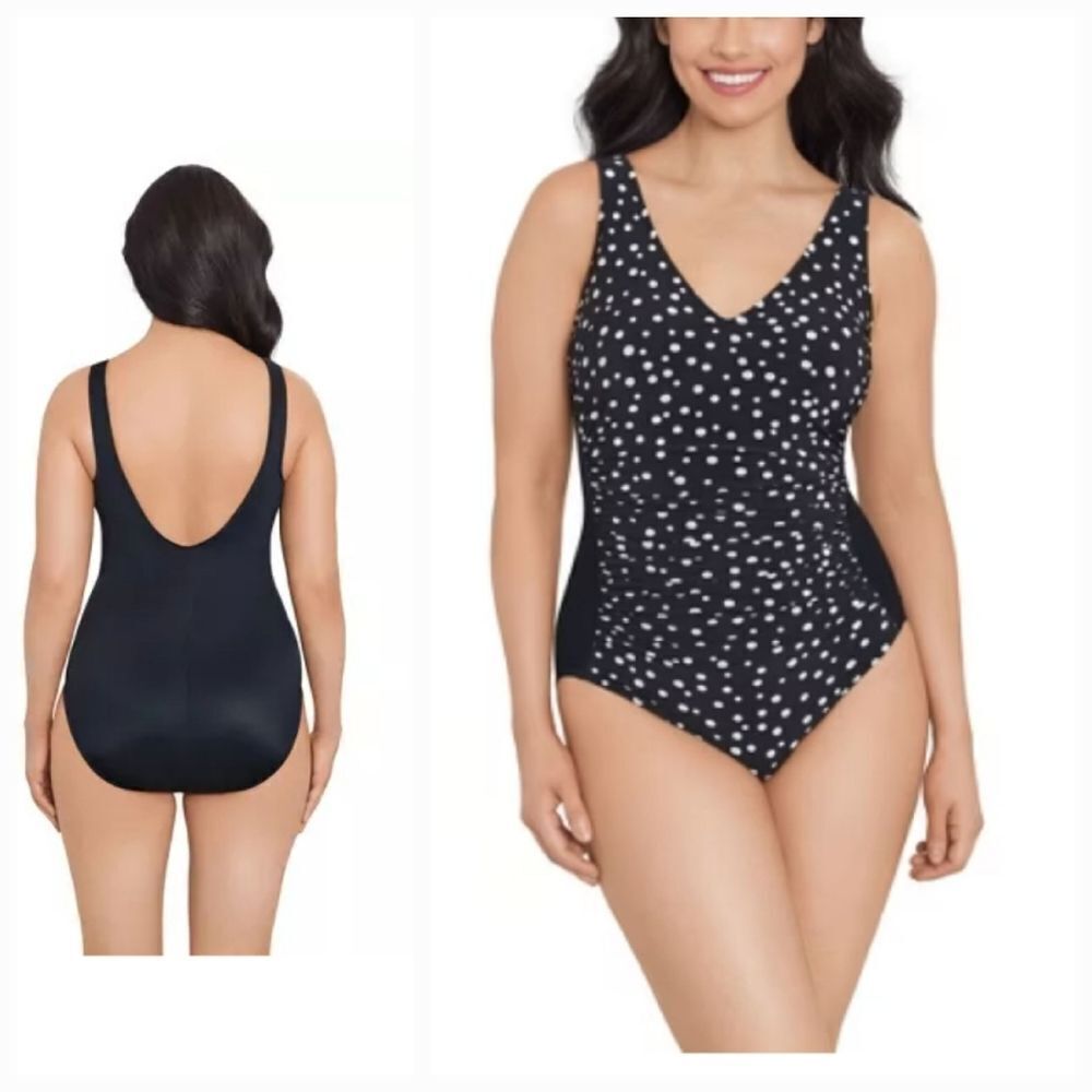 NEW Trimshaper "Jean" Ruched Polka Dot Shapewear Swimsuit Size 18 $109 Retail